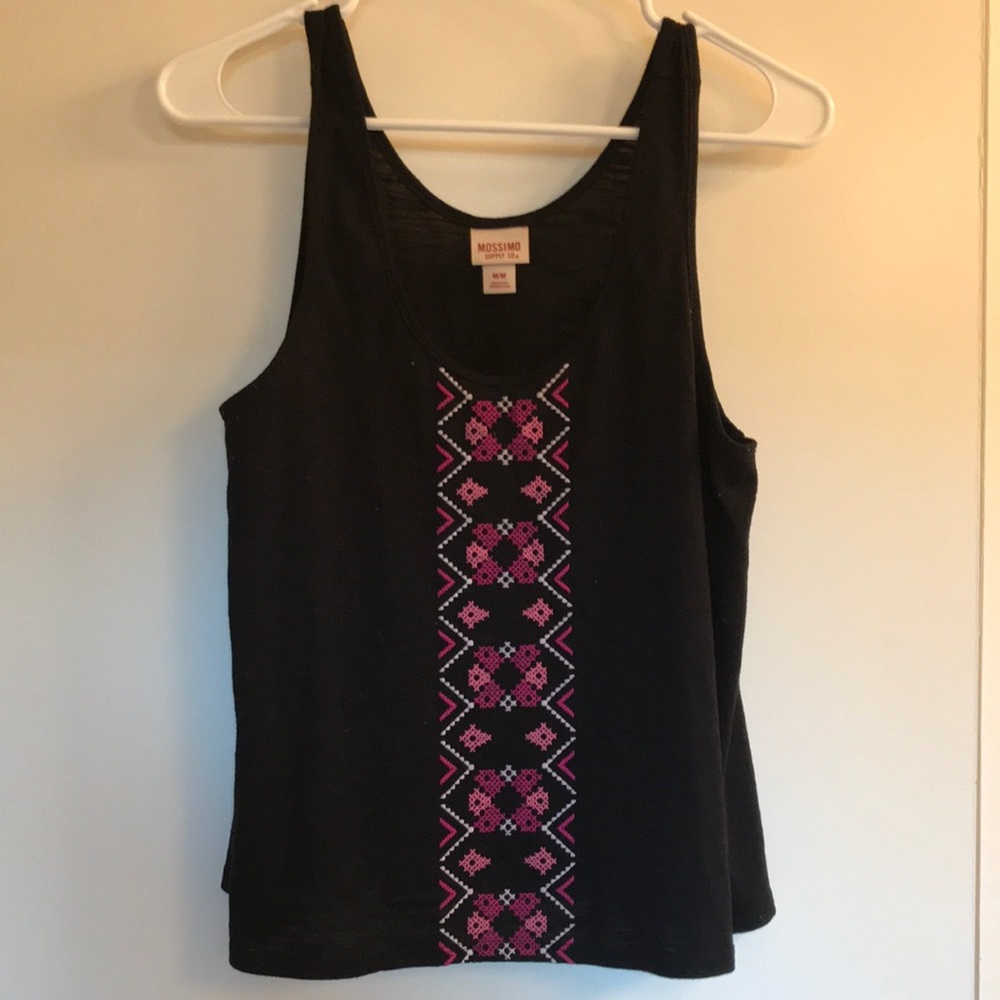 Black tank with pink and purple details.